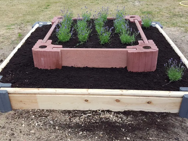 Zweistufiges Beet mit Lavendel: außen ein niedriger Rahmen aus anthrazitfarbenen Vablo Ecksteinen mit Holzbohle und Rundholz, innen ein höherer roter Rahmen mit Betonriegeln