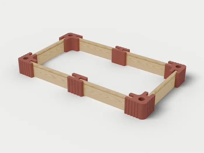 Visualisierung: Hochbeet 250 × 150 × 27,5 cm mit Holzriegeln, schräg von oben (3/4-Ansicht); Steinfarbe Rot, Farbton nicht verbindlich.