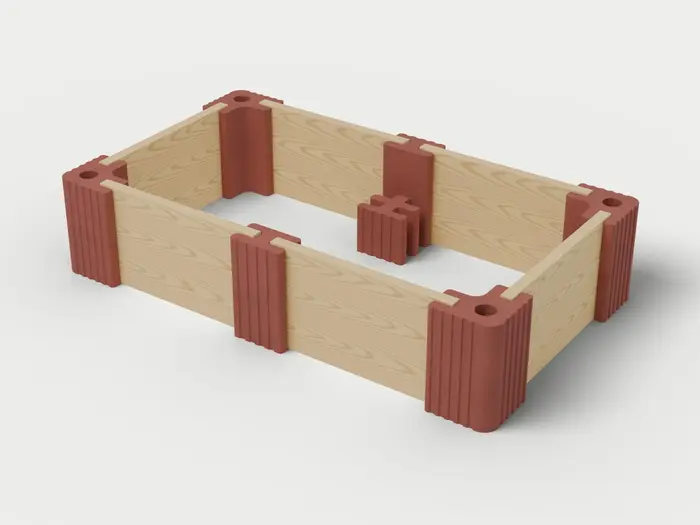 Visualisierung: Hochbeet 250 × 150 × 55 cm mit Holzriegeln, schräg von oben (3/4-Ansicht); Steinfarbe Rot, Farbton nicht verbindlich.