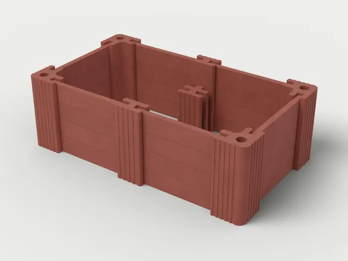 Visualisierung: Hochbeet 250 × 150 × 82,5 cm mit Betonriegeln, schräg von oben (3/4-Ansicht); Steinfarbe Rot, Farbton nicht verbindlich.