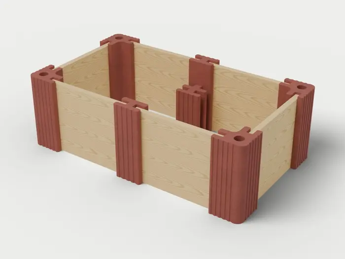 Visualisierung: Hochbeet 250 × 150 × 82,5 cm mit Holzriegeln, schräg von oben (3/4-Ansicht); Steinfarbe Rot, Farbton nicht verbindlich.