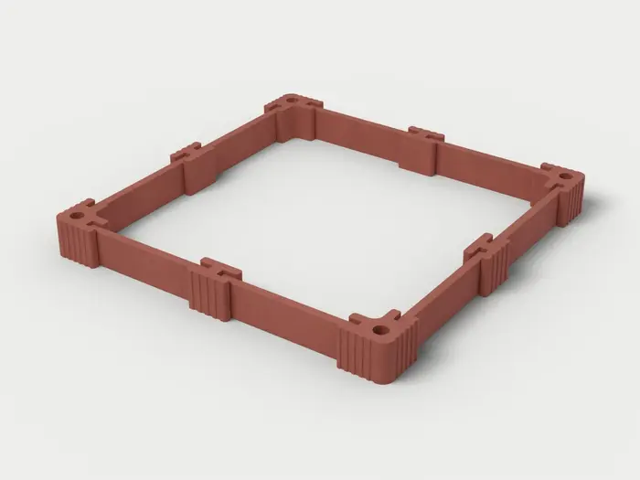 Visualisierung: Hochbeet 250 × 250 × 27,5 cm mit Betonriegeln, schräg von oben (3/4-Ansicht); Steinfarbe Rot, Farbton nicht verbindlich.