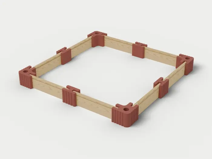 Visualisierung: Hochbeet 250 × 250 × 27,5 cm mit Holzriegeln, schräg von oben (3/4-Ansicht); Steinfarbe Rot, Farbton nicht verbindlich.
