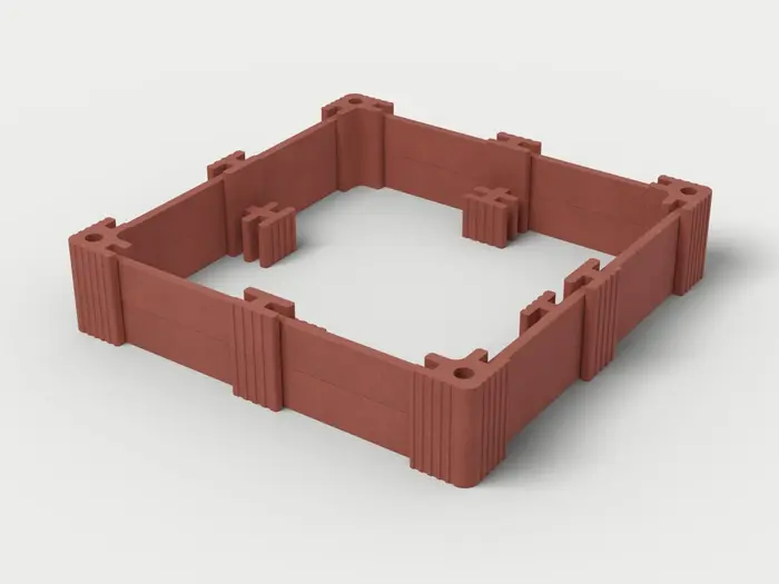Visualisierung: Hochbeet 250 × 250 × 55 cm mit Betonriegeln, schräg von oben (3/4-Ansicht); Steinfarbe Rot, Farbton nicht verbindlich.