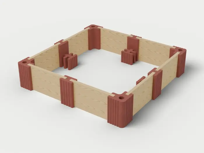 Visualisierung: Hochbeet 250 × 250 × 55 cm mit Holzriegeln, schräg von oben (3/4-Ansicht); Steinfarbe Rot, Farbton nicht verbindlich.