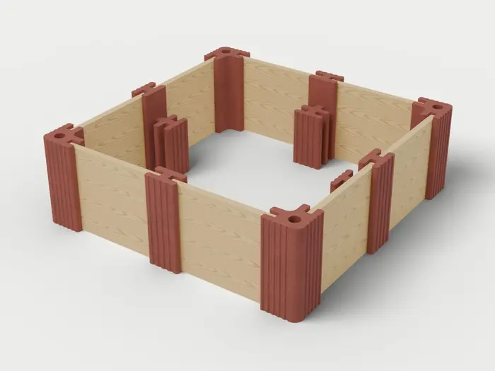 Visualisierung: Hochbeet 250 × 250 × 82,5 cm mit Holzriegeln, schräg von oben (3/4-Ansicht); Steinfarbe Rot, Farbton nicht verbindlich.
