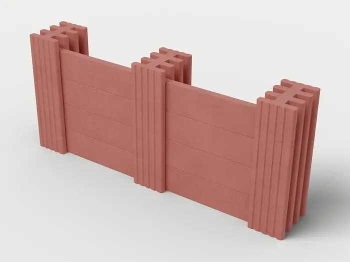 Visualisierung: Mauersystem Höhe 110 cm mit Betonriegeln, Ausschnitt 250 cm lang, schräg von oben (3/4-Ansicht); Steinfarbe Rot, Farbton nicht verbindlich.