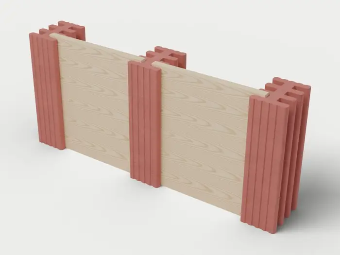 Visualisierung: Mauersystem Höhe 110 cm mit Holzriegeln, Ausschnitt 250 cm lang, schräg von oben (3/4-Ansicht); Steinfarbe Rot, Farbton nicht verbindlich.