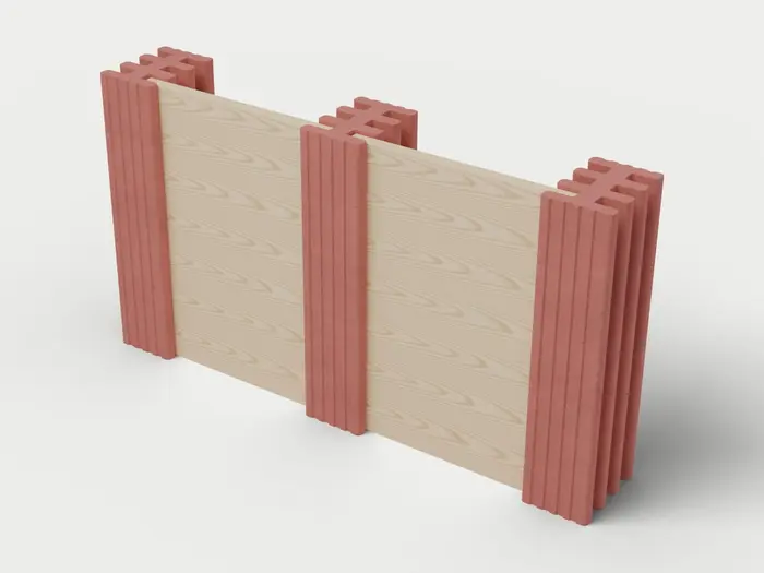 Visualisierung: Mauersystem Höhe 137,5 cm mit Holzriegeln, Ausschnitt 250 cm lang, schräg von oben (3/4-Ansicht); Steinfarbe Rot, Farbton nicht verbindlich.