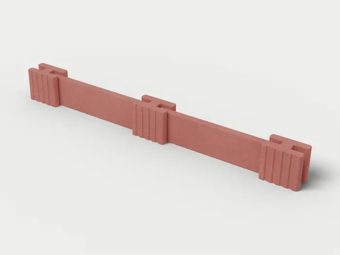 Visualisierung: Mauersystem Höhe 27,5 cm mit Betonriegeln, Ausschnitt 250 cm lang, schräg von oben (3/4-Ansicht); Steinfarbe Rot, Farbton nicht verbindlich.
