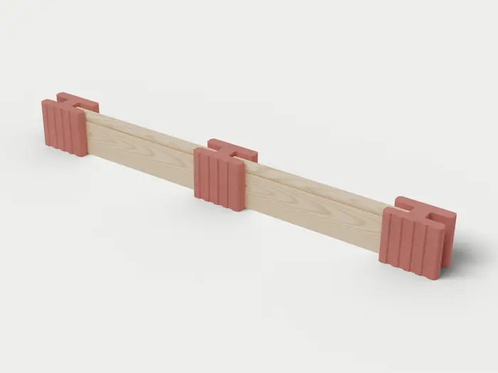 Visualisierung: Mauersystem Höhe 27,5 cm mit Holzriegeln, Ausschnitt 250 cm lang, schräg von oben (3/4-Ansicht); Steinfarbe Rot, Farbton nicht verbindlich.