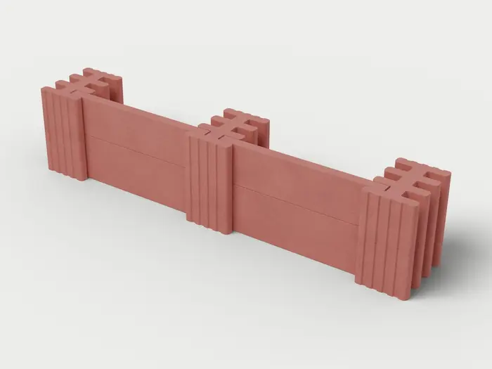 Visualisierung: Mauersystem Höhe 55 cm mit Betonriegeln, Ausschnitt 250 cm lang, schräg von oben (3/4-Ansicht); Steinfarbe Rot, Farbton nicht verbindlich.