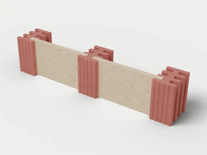 Visualisierung: Mauersystem Höhe 55 cm mit Holzriegeln, Ausschnitt 250 cm lang, schräg von oben (3/4-Ansicht); Steinfarbe Rot, Farbton nicht verbindlich.