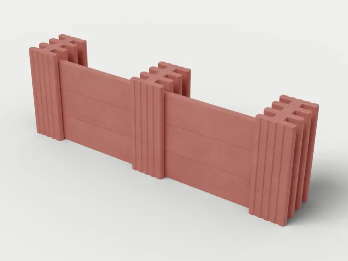 Visualisierung: Mauersystem Höhe 82,5 cm mit Betonriegeln, Ausschnitt 250 cm lang, schräg von oben (3/4-Ansicht); Steinfarbe Rot, Farbton nicht verbindlich.