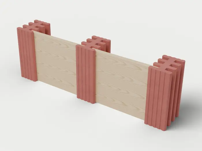 Visualisierung: Mauersystem Höhe 82,5 cm mit Holzriegeln, Ausschnitt 250 cm lang, schräg von oben (3/4-Ansicht); Steinfarbe Rot, Farbton nicht verbindlich.