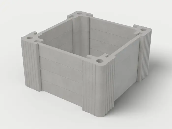 Visualisierung: Hochbeet 150 × 150 × 82,5 cm mit Betonriegeln in Betongrau, schräg von oben (3/4-Ansicht); Farbton nicht verbindlich.