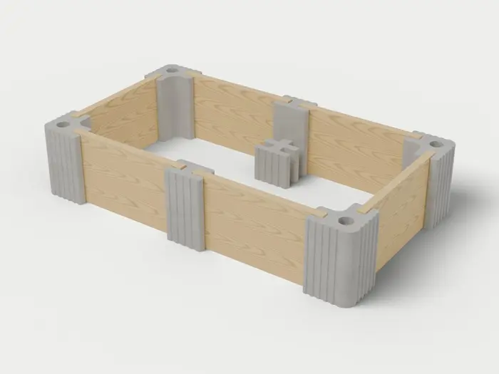 Visualisierung: Hochbeet 250 × 150 × 55 cm mit Holzriegeln in Betongrau, schräg von oben (3/4-Ansicht); Farbton nicht verbindlich.