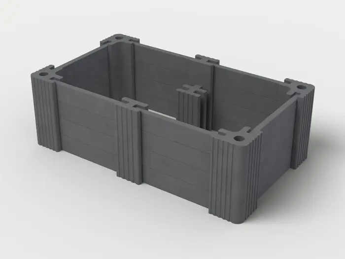 Visualisierung: Hochbeet 250 × 150 × 82,5 cm mit Betonriegeln in Anthrazit, schräg von oben (3/4-Ansicht); Farbton nicht verbindlich.