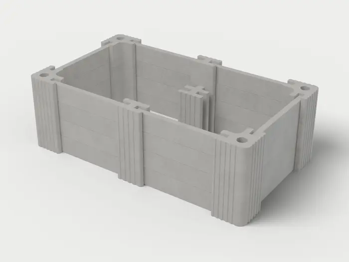 Visualisierung: Hochbeet 250 × 150 × 82,5 cm mit Betonriegeln in Betongrau, schräg von oben (3/4-Ansicht); Farbton nicht verbindlich.