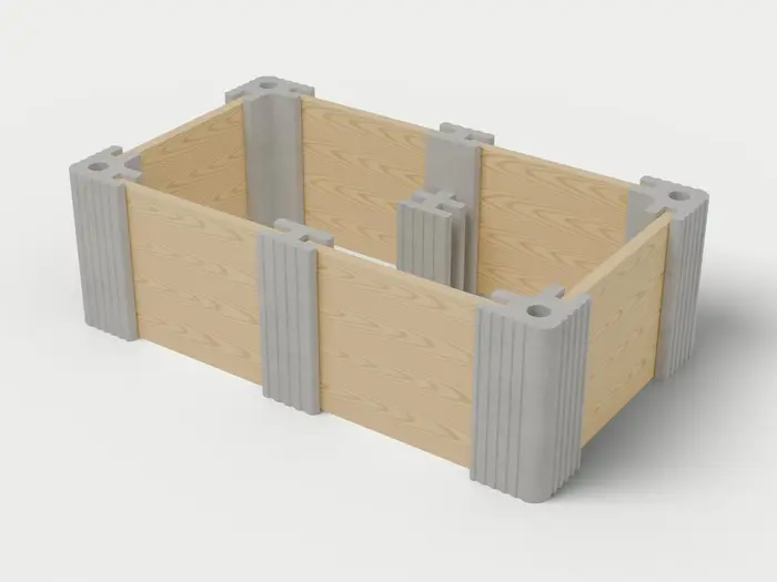 Visualisierung: Hochbeet 250 × 150 × 82,5 cm mit Holzriegeln in Betongrau, schräg von oben (3/4-Ansicht); Farbton nicht verbindlich.