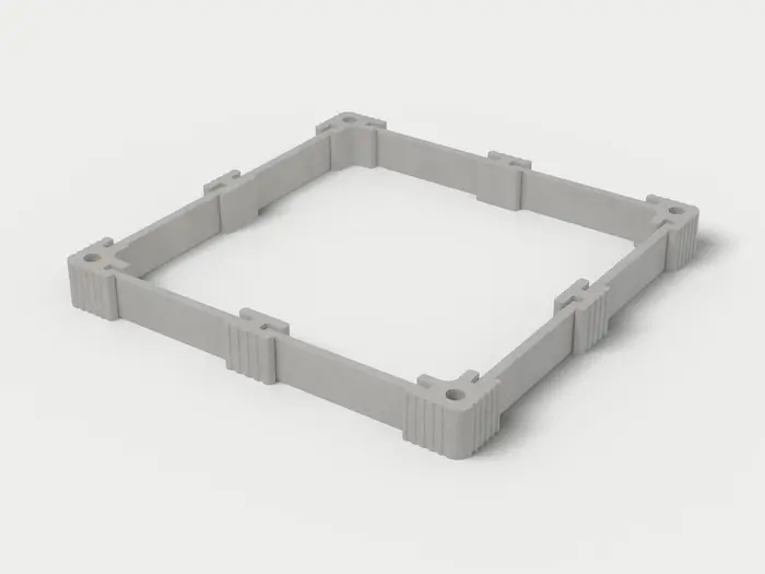 Visualisierung: Hochbeet 250 × 250 × 27,5 cm mit Betonriegeln in Betongrau, schräg von oben (3/4-Ansicht); Farbton nicht verbindlich.