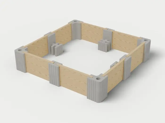 Visualisierung: Hochbeet 250 × 250 × 55 cm mit Holzriegeln in Betongrau, schräg von oben (3/4-Ansicht); Farbton nicht verbindlich.
