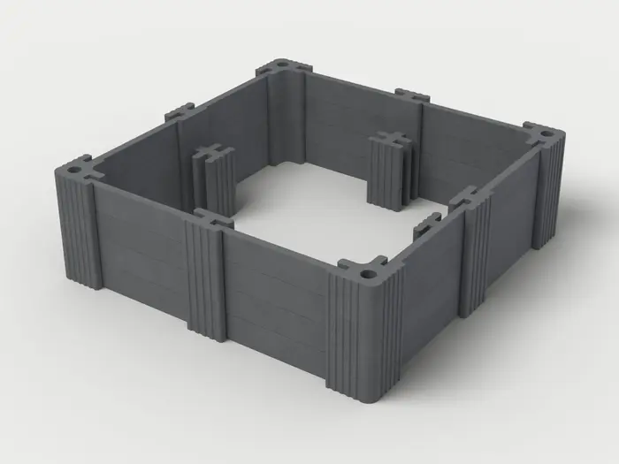 Visualisierung: Hochbeet 250 × 250 × 82,5 cm mit Betonriegeln in Anthrazit, schräg von oben (3/4-Ansicht); Farbton nicht verbindlich.