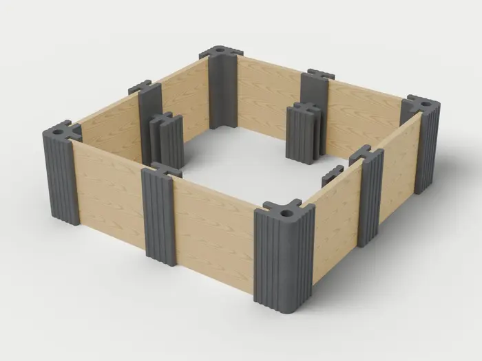 Visualisierung: Hochbeet 250 × 250 × 82,5 cm mit Holzriegeln in Anthrazit, schräg von oben (3/4-Ansicht); Farbton nicht verbindlich.