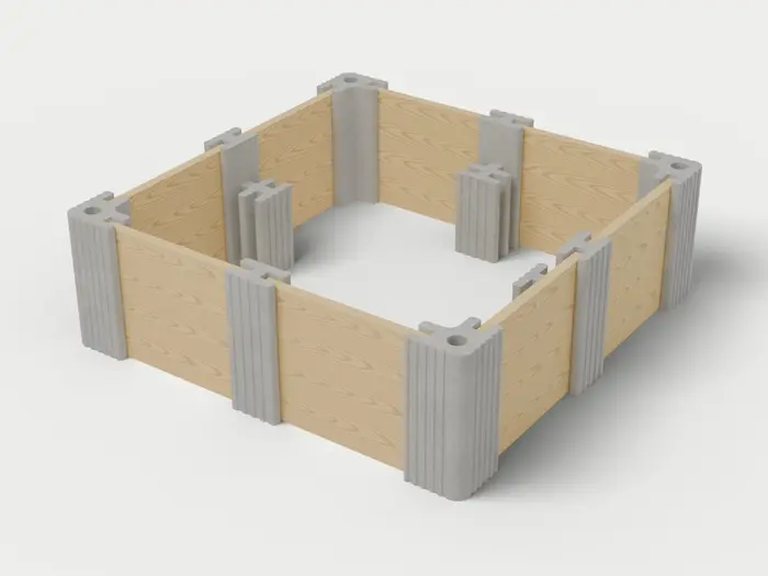 Visualisierung: Hochbeet 250 × 250 × 82,5 cm mit Holzriegeln in Betongrau, schräg von oben (3/4-Ansicht); Farbton nicht verbindlich.