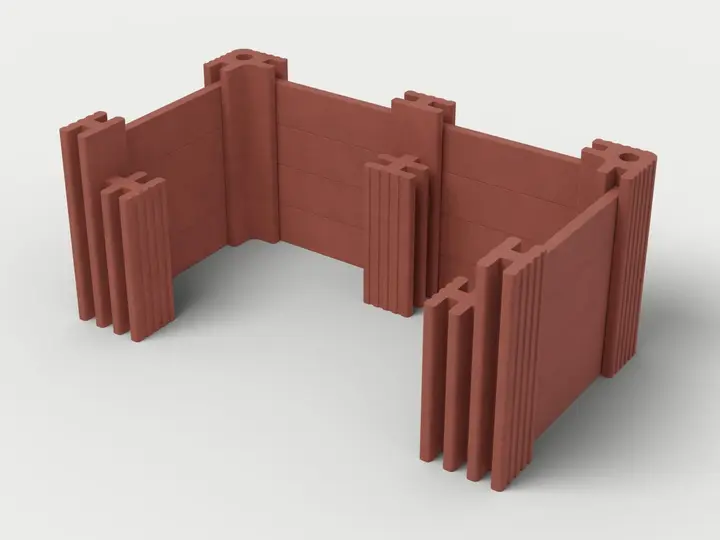 Visualisierung: Mülltonnenbox aus Mauersteinen und Betonriegeln, vorne offen, zwei Felder breit, schräg von oben (3/4-Ansicht); Steinfarbe Rot, Farbton nicht verbindlich.