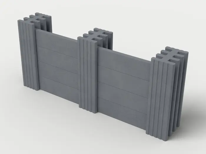 Visualisierung: Mauersystem Höhe 110 cm mit Betonriegeln in Anthrazit, schräg von oben (3/4-Ansicht); Farbton nicht verbindlich.