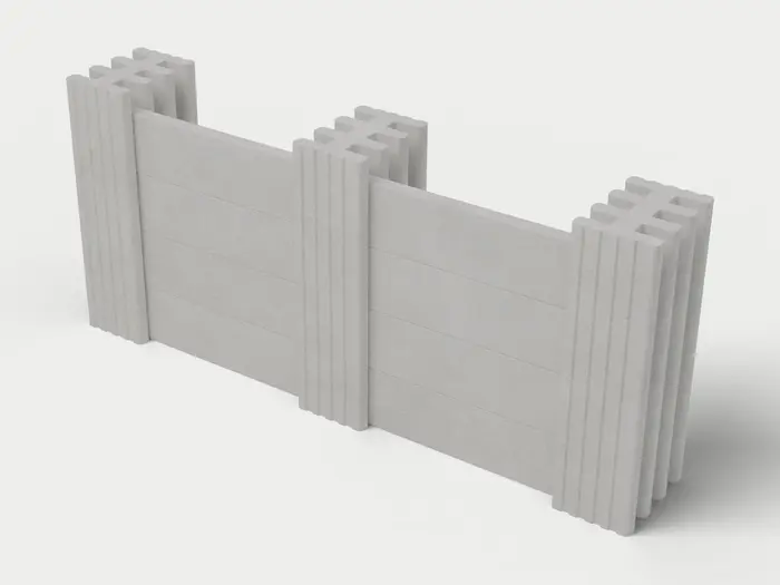 Visualisierung: Mauersystem Höhe 110 cm mit Betonriegeln in Betongrau, schräg von oben (3/4-Ansicht); Farbton nicht verbindlich.