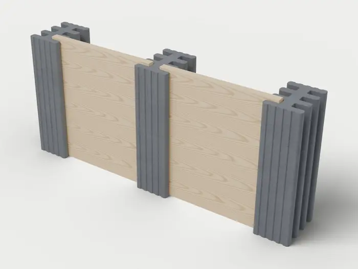 Visualisierung: Mauersystem Höhe 110 cm mit Holzriegeln in Anthrazit, schräg von oben (3/4-Ansicht); Farbton nicht verbindlich.