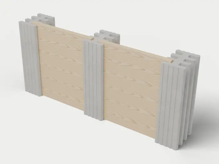 Visualisierung: Mauersystem Höhe 110 cm mit Holzriegeln in Betongrau, schräg von oben (3/4-Ansicht); Farbton nicht verbindlich.