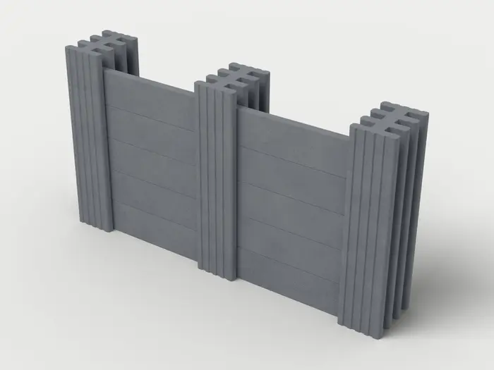 Visualisierung: Mauersystem Höhe 137,5 cm mit Betonriegeln in Anthrazit, schräg von oben (3/4-Ansicht); Farbton nicht verbindlich.
