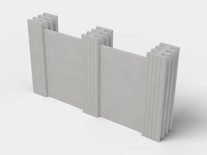 Visualisierung: Mauersystem Höhe 137,5 cm mit Betonriegeln in Betongrau, schräg von oben (3/4-Ansicht); Farbton nicht verbindlich.