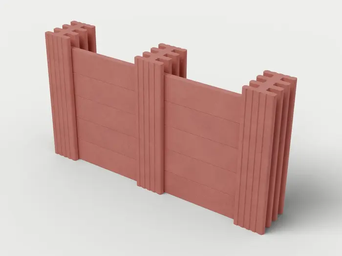 Visualisierung: Mauersystem Höhe 137,5 cm mit Betonriegeln, Ausschnitt 250 cm lang, schräg von oben (3/4-Ansicht); Steinfarbe Rot, Farbton nicht verbindlich.