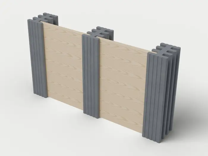 Visualisierung: Mauersystem Höhe 137,5 cm mit Holzriegeln in Anthrazit, schräg von oben (3/4-Ansicht); Farbton nicht verbindlich.