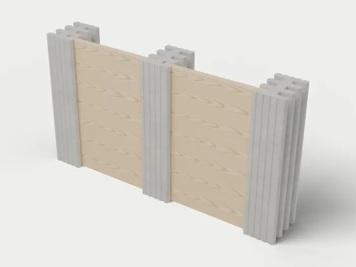 Visualisierung: Mauersystem Höhe 137,5 cm mit Holzriegeln in Betongrau, schräg von oben (3/4-Ansicht); Farbton nicht verbindlich.