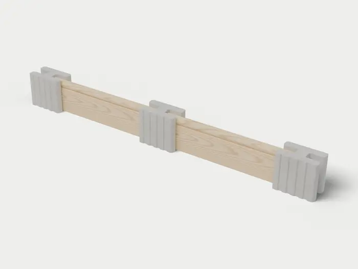 Visualisierung: Mauersystem Höhe 27,5 cm mit Holzriegeln in Betongrau, schräg von oben (3/4-Ansicht); Farbton nicht verbindlich.