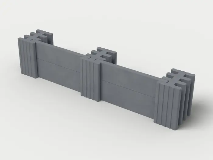 Visualisierung: Mauersystem Höhe 55 cm mit Betonriegeln in Anthrazit, schräg von oben (3/4-Ansicht); Farbton nicht verbindlich.