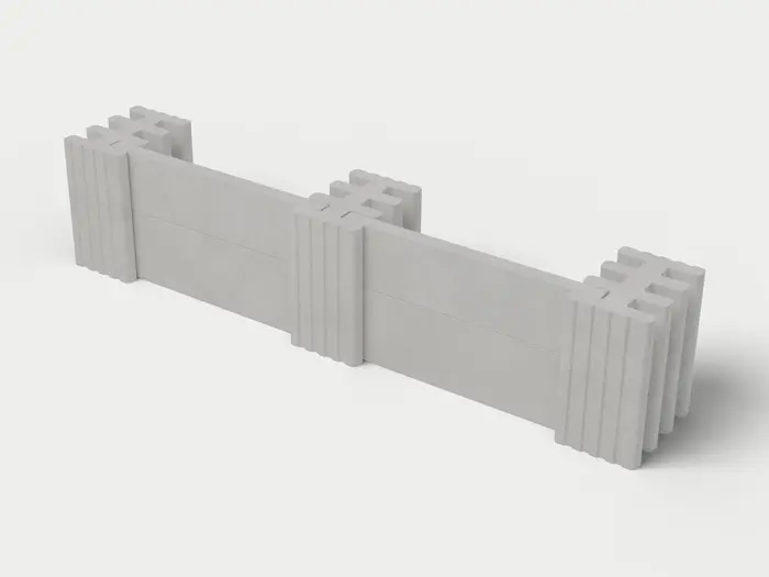 Visualisierung: Mauersystem Höhe 55 cm mit Betonriegeln in Betongrau, schräg von oben (3/4-Ansicht); Farbton nicht verbindlich.
