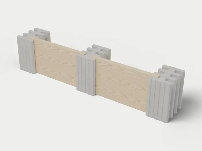 Visualisierung: Mauersystem Höhe 55 cm mit Holzriegeln in Betongrau, schräg von oben (3/4-Ansicht); Farbton nicht verbindlich.