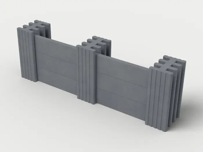 Visualisierung: Mauersystem Höhe 82,5 cm mit Betonriegeln in Anthrazit, schräg von oben (3/4-Ansicht); Farbton nicht verbindlich.