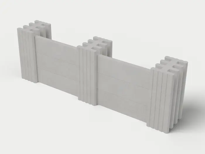 Visualisierung: Mauersystem Höhe 82,5 cm mit Betonriegeln in Betongrau, schräg von oben (3/4-Ansicht); Farbton nicht verbindlich.
