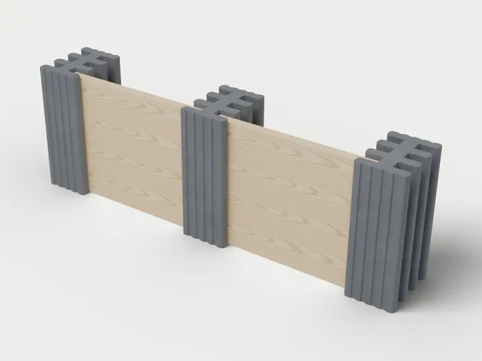 Visualisierung: Mauersystem Höhe 82,5 cm mit Holzriegeln in Anthrazit, schräg von oben (3/4-Ansicht); Farbton nicht verbindlich.