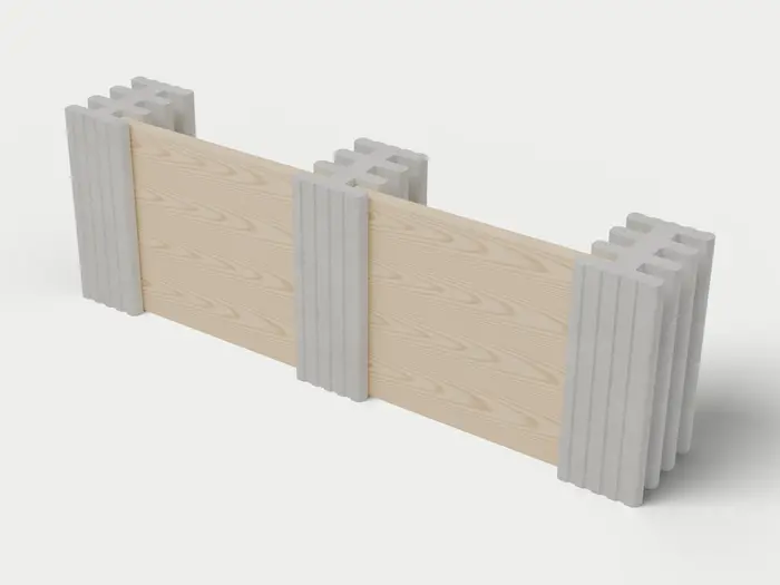 Visualisierung: Mauersystem Höhe 82,5 cm mit Holzriegeln in Betongrau, schräg von oben (3/4-Ansicht); Farbton nicht verbindlich.
