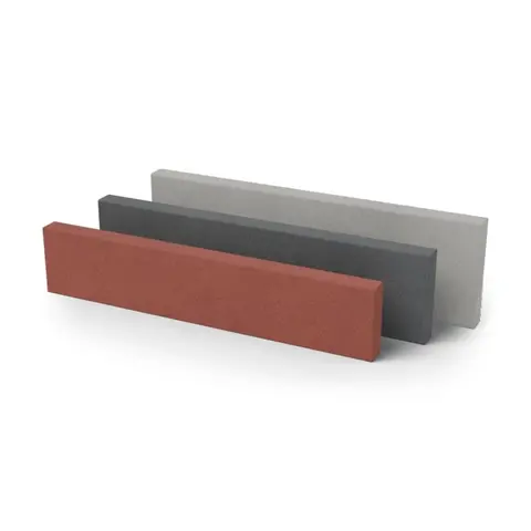 Visualisierung: Vablo Betonriegel, 3D-Ansicht – drei Riegel gestaffelt: 100 × 20 rot, 100 × 25 anthrazit, 100 × 30 betongrau