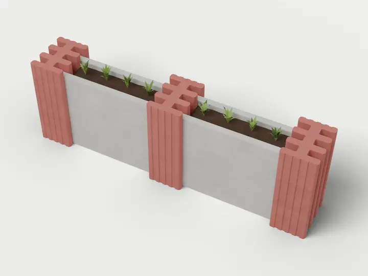 Visualisierung: eine Reihe terrakottafarbener Quattro-Flex-Pfosten verbindet zwei betongraue Riegelstränge; dazwischen sind Erde und mittige Pflanzen angedeutet.