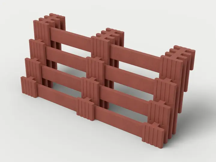 Visualisierung: Ausschnitt einer Hangsicherung aus Quattro-Flex-Pfeilern und Betonriegeln, vier Lagen nach hinten versetzt, ohne Erde und Pflanzen, schräg von oben (3/4-Ansicht); Steinfarbe Rot, Farbton nicht verbindlich.